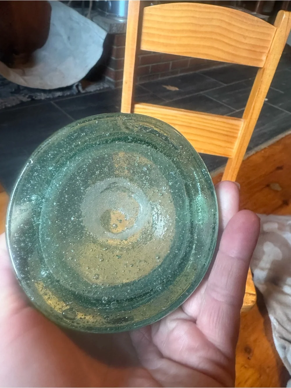 Aqua bubble glass handblown vase with boat etching very rare HTF EUC